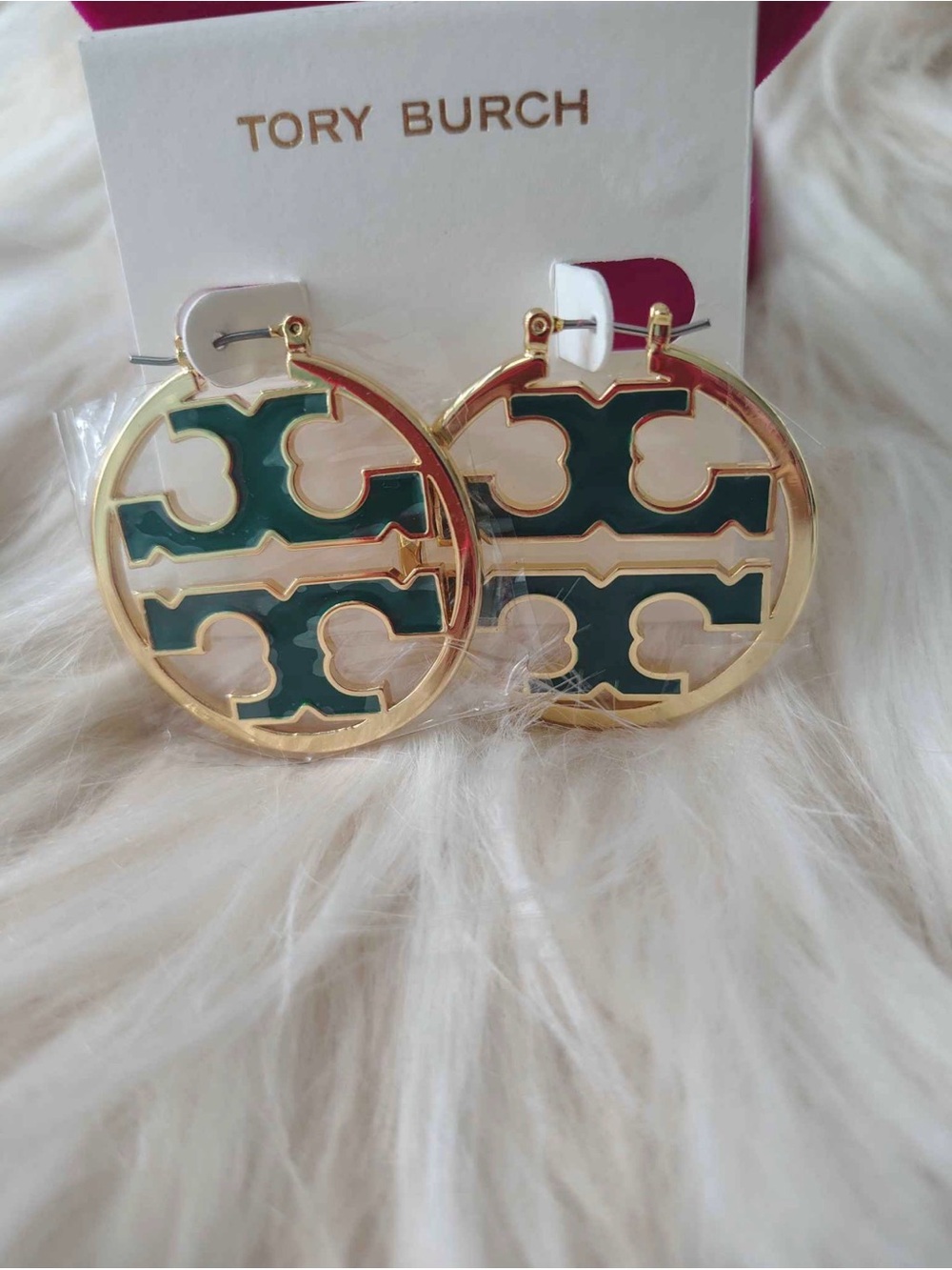 Tory Burch Gold and Black Logo Disc Drop Earrings